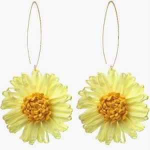 Lemon Yellow Raffia Flowers Wire Statement Earrings Big Wicker Vacay Flowers New